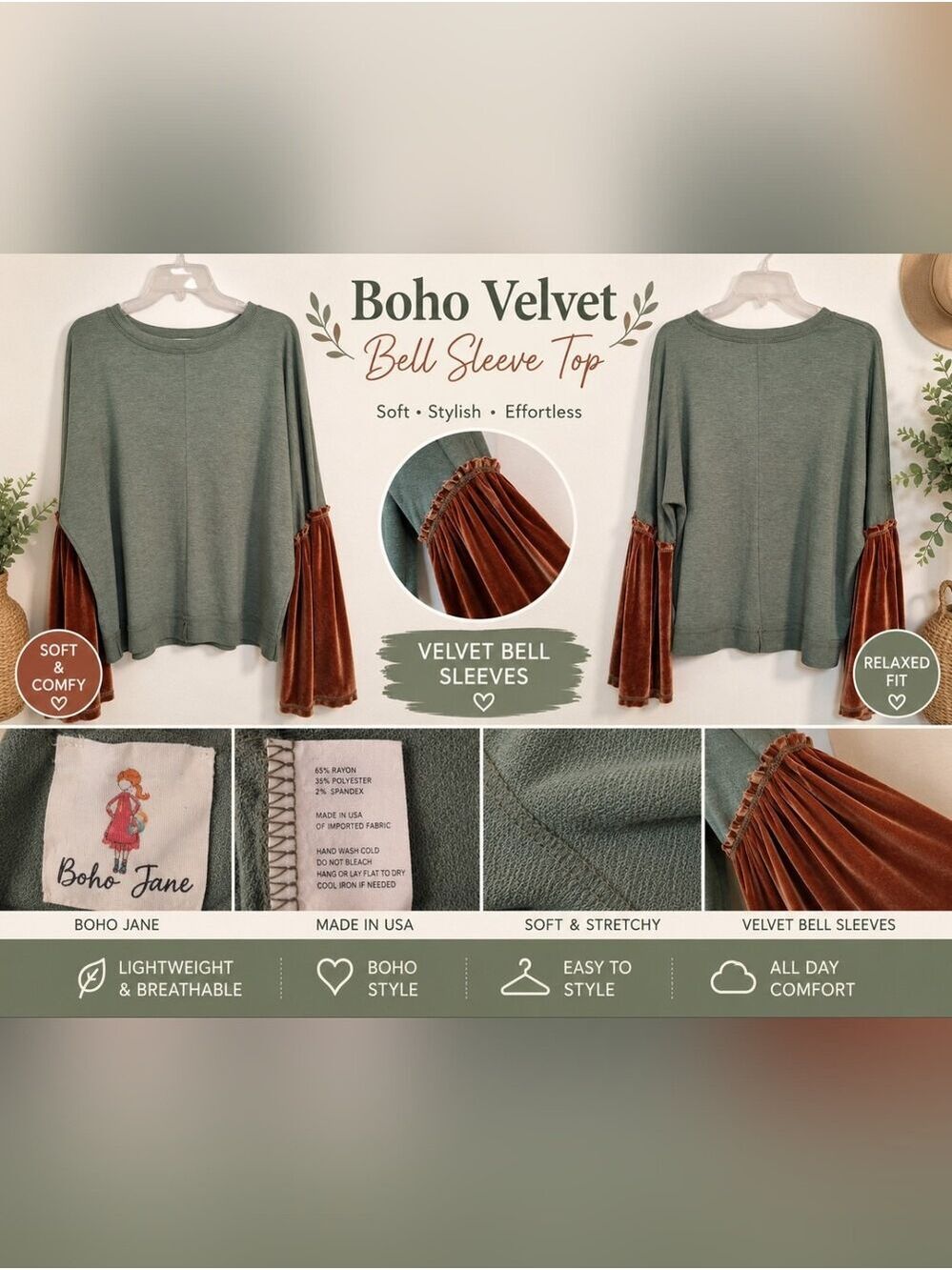 Boho Jane Sage Green Top Rust Velour Bell Sleeves Large Boho Hippie